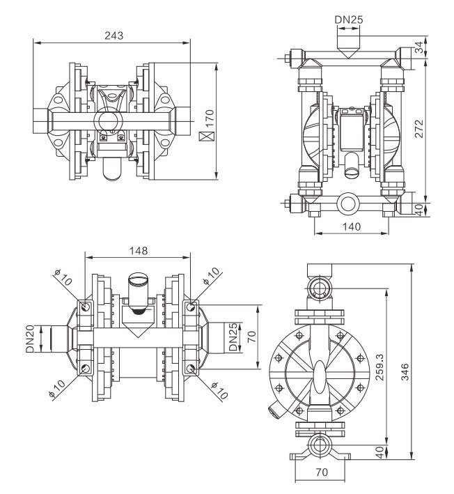 3/4" Air Operated Double Diaphragm Pump, 15 GPM(图1) Dimension Drawing of 3/4 inch Air Operated Diaphragm Pump