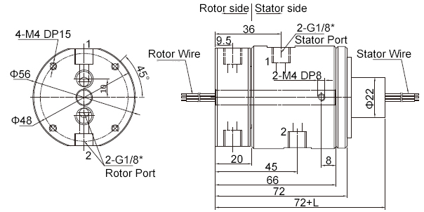 2-Passage Rotary Joint, Pneumatic/Electrical Slip Ring, G1/8" Thread Port(图2) 2-Passage Pneumatic/Electrical Rotary Joint, 6~56-Wire 2A Signal Dimension Drawing