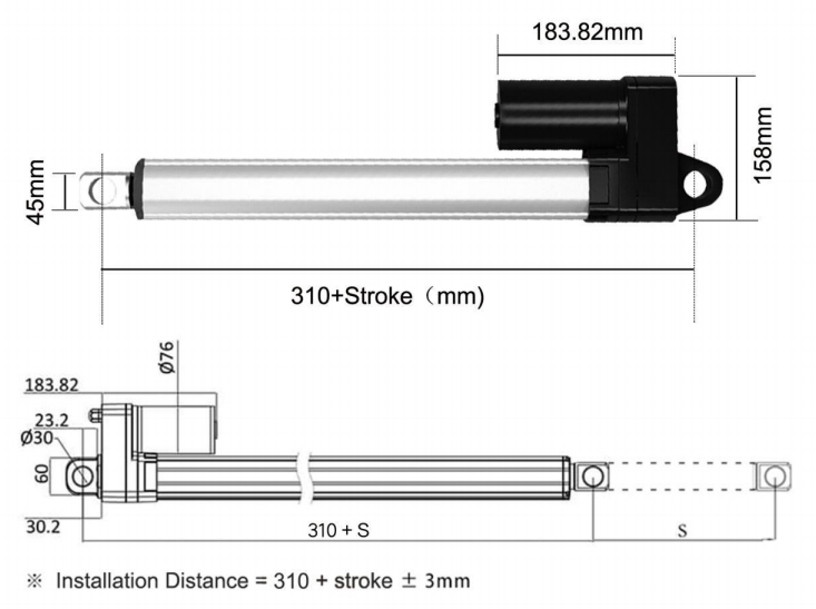 Solar Tracker Linear Actuator, 12V/24V, 20000N, 250mm Stroke(图1) 20000N linear actuator dimension