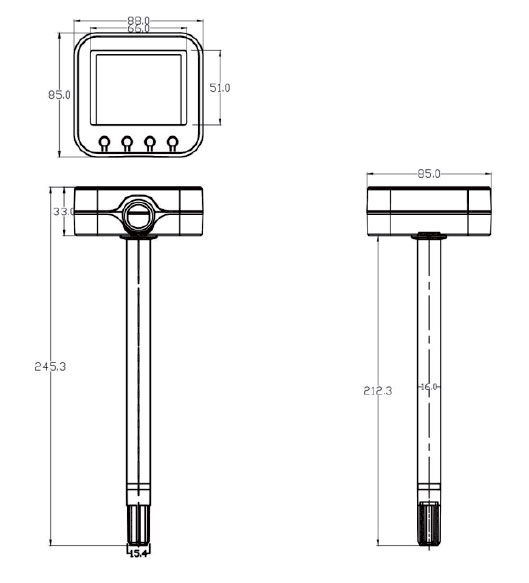 Temperature and Humidity Sensor/Transmitter with Display, Duct Mounted(图1) Dimensions of Temperature and Humidity Sensor Transmitter with Display Duct Mounted