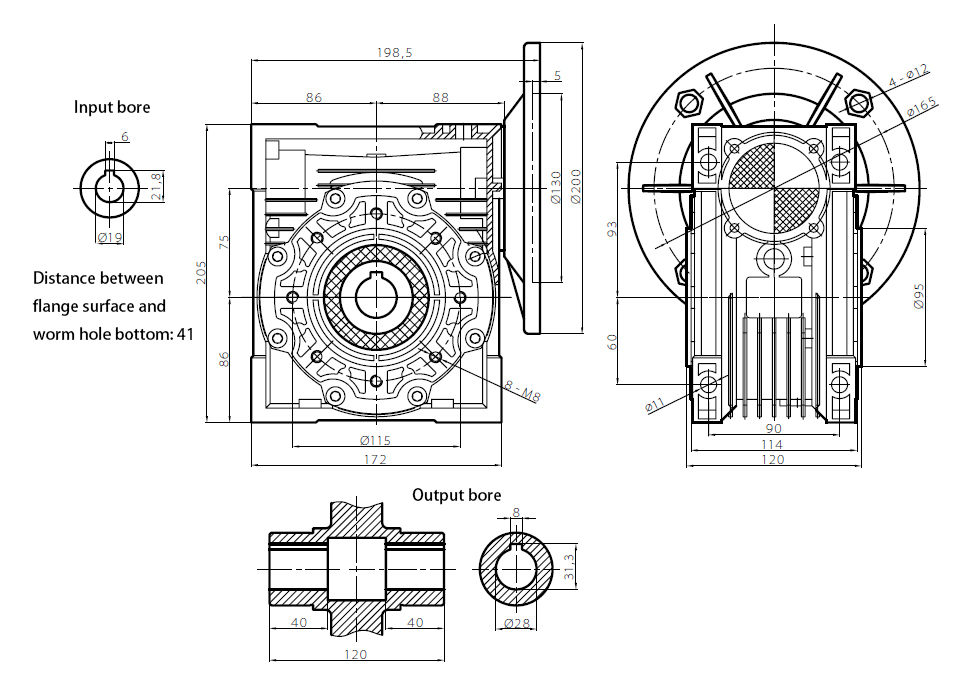 75mm Worm Gearbox, Ratio 5:1 to 100:1, 128 N.m(图1) ATO 75mm worm gear reducer outline dimensional drawing