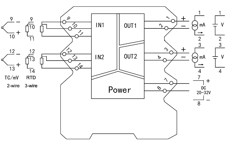 Thermocouple/RTD signal conditioner, Analog Output 4-20mA/0-10mA/0-5V(图2) Thermocouple/RTD signal conditioner wiring diagram