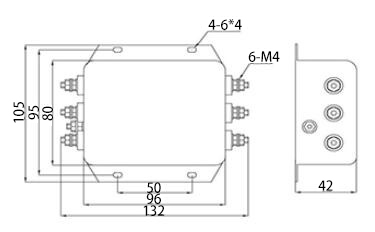 10A 3-phase EMI Line Filter, 2 Stage(图1) 10A 3-Phase 3-Wire 2-Stage Power Line Filter Dimension