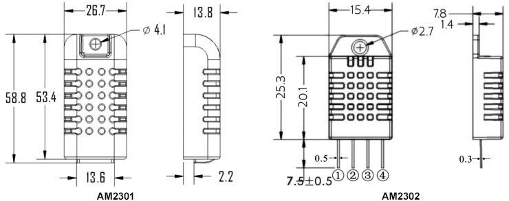 Temperature and Humidity Sensor, Capacitive, One-wire(图1) Temperature and humidity sensor AM2301 dimensional drawing
