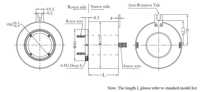Through Bore Slip Ring, 25.4/38.1/40/50/60/80 mm Hole Diameter(图5) CHN-THSR-H60119 Through Bore Slip Ring Dimension Drawing