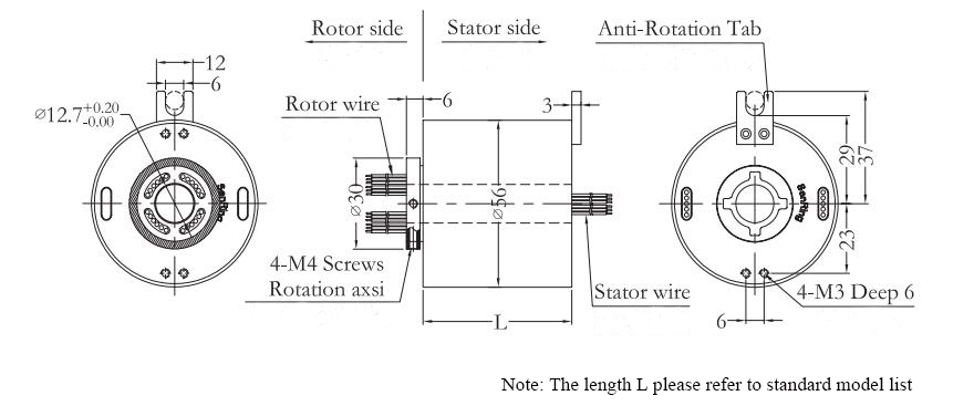 Small Through Hole Slip Ring, 12.7mm/20mm Inner Diameter(图2) CHN-THSR-H1256 Through Hole Slip Ring Dimension Drawing