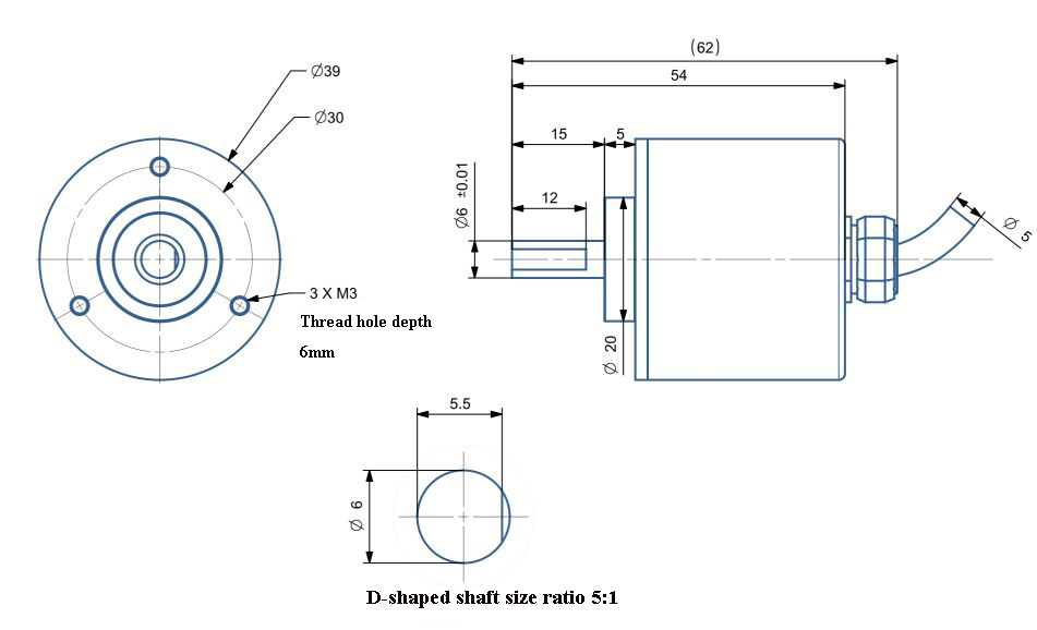 Absolute Encoder, 14 Bit, Single Turn, RS485/ CAN(图4) Dimension od rotary encoder of 6mm of IP67