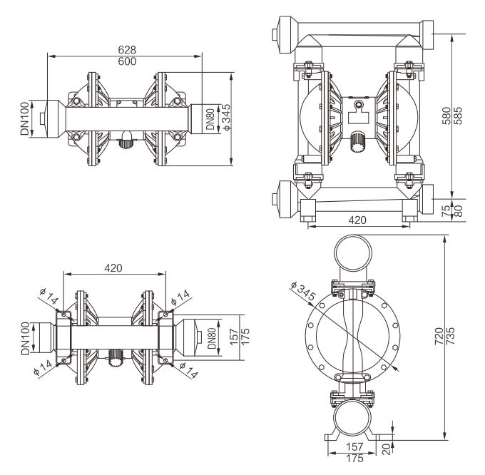 4" Air Operated Double Diaphragm Pump, 150 GPM(图1) Dimension Drawing of 4 inch Air Operated Double Diaphragm Pump
