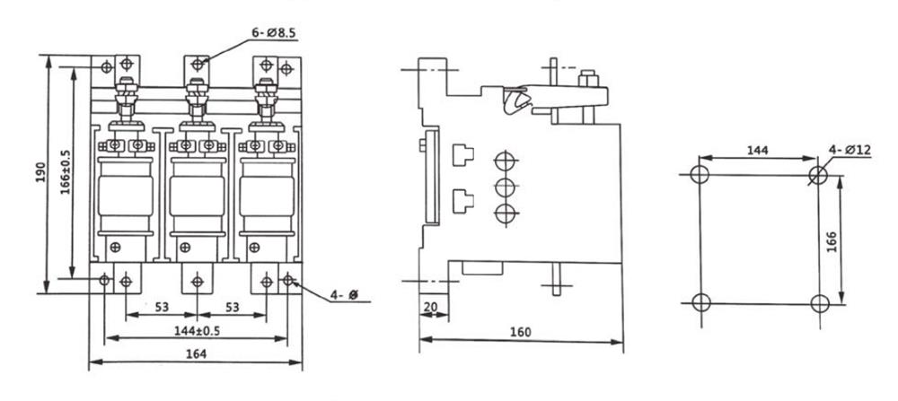 3 Phase AC Vacuum Contactor, 200A, 1140V(图1) AC vacuum contactor outline and installation dimension