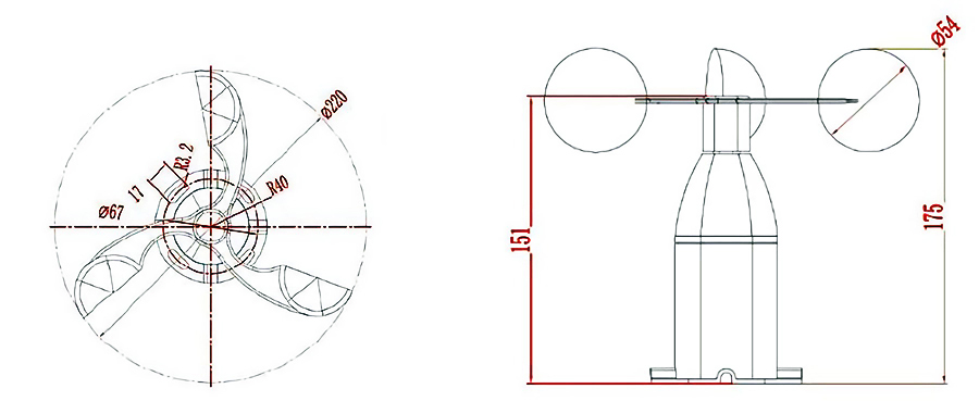 3-Cup Anemometer, 0~60 m/s Wind Speed, RS 485 Output(图2) Dimension diagram of 3-Cup Anemometer, 0~60 m/s Wind Speed, RS 485 Output