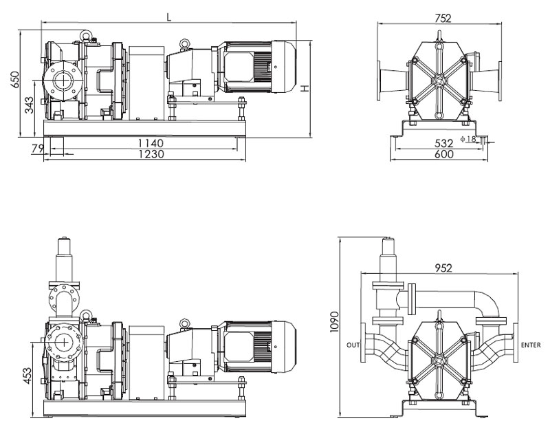 10 kW Rotary Lobe Pump(图2) 10 kW lobe pump installation dimensions