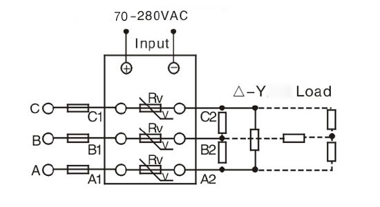 Solid state relay, 3 phase, SSR-120AA, 120A 70-280V AC to AC(图3) 3 phase SSR wiring diagram 70-280VAC