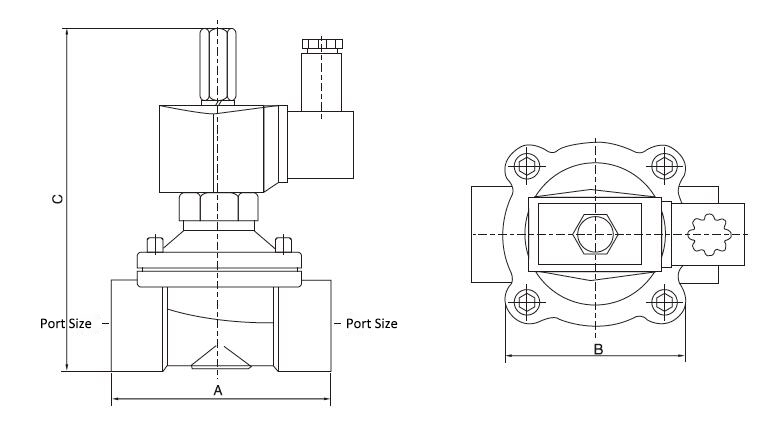 Solenoid Valve, 2 Way, Normally Open, 12V/24V/220V for air water oil(图1) 2-Way NO Stainless Steel Solenoid Valve Dimensions