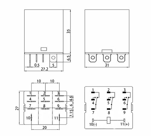 Electromagnetic Relay, 11-pin 3PDT, 12V/24V/110V/220V(图1) JQX 13F 3Z electromangetic relay dimensions connecting diagram