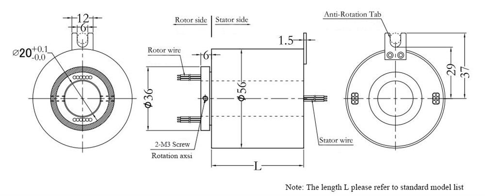 Small Through Hole Slip Ring, 12.7mm/20mm Inner Diameter(图4) CHN-THSR-H2056 Through Hole Slip Ring Dimension Drawing