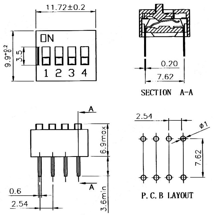 12 Position DIP Switch, 24 Pin, SPST(图1) Dimensions of 12 Position 24 Pin SPST DIP Switch