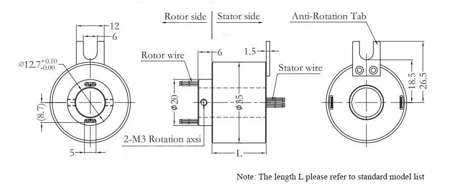 Small Through Hole Slip Ring, 12.7mm/20mm Inner Diameter(图1) CHN-THSR-H1235 Through Hole Slip Ring Dimension Drawing