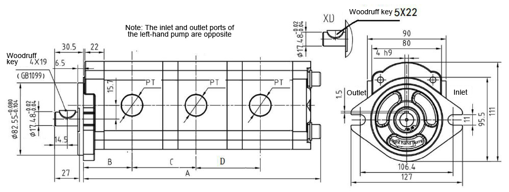11/13/15/18/20 GPM Hydraulic Triple Gear Pump, 3600 psi(图1) Dimensions of 11/13/15/18/20 GPM Hydraulic Triple Gear Pump, 3600 psi