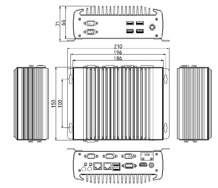 Mini Fanless Industrial PC, Celeron J1900, Linux/Win 7(图1) Dimensions of Mini Fanless Industrial PC, Celeron J1900, Linux/Win 7