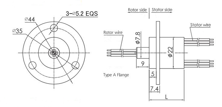 Miniature Slip Ring Connector, 22mm, 2-36 Wires, 2A/5A/10A/30A(图1) 22mm Miniature Slip Ring Connector (Type A Flange) Dimension Drawing