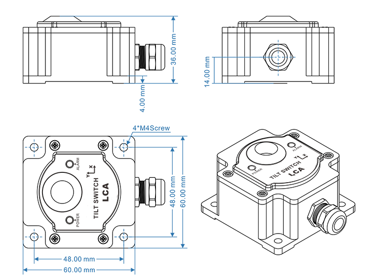 Switch Output Tilt Sensor, Single axis/ Dual axis, ±15°(图1) Dimension of switch output tilt sensor