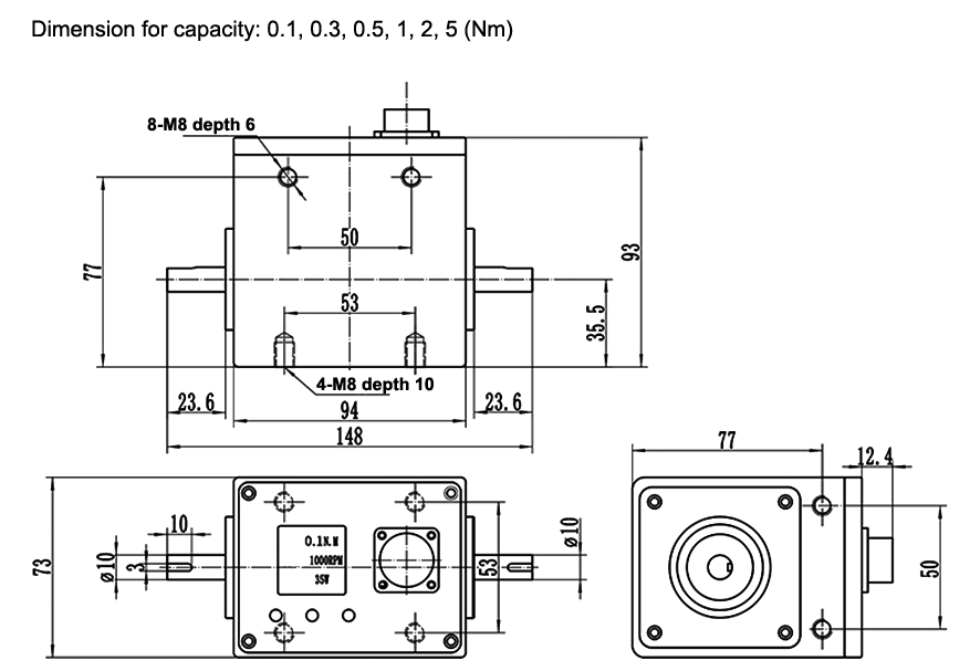 Digital Rotary Torque Sensor, 0.1/5/300/1000 Nm to 10000 Nm(图2) Rotary torque sensor dimension for capacity 0.1-5 Nm