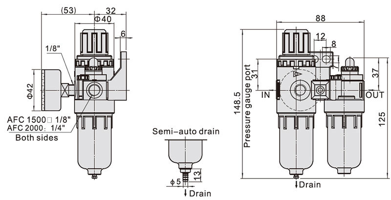 1/8" FRL Filter Regulator Lubricator(图2) Dimensions of 1/8 inch Air Filter Regulator