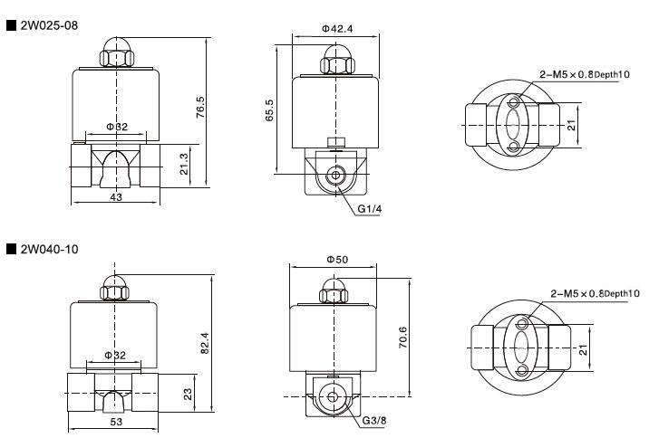 Solenoid Valve, 2 Way, Normally Closed, 12V/24V/220V for air water oil(图1) 2-Way 1/4-3/8 inch Solenoid Valve Normally Cosed Dimensions