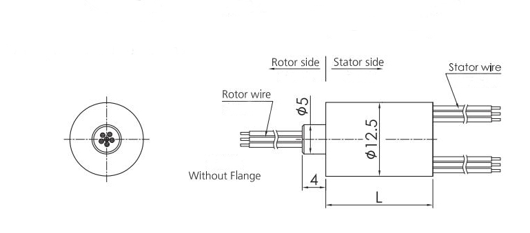 12.5mm Miniature Slip Ring, 2/4 Wires 5A, 6/12/18 Wires 2A(图3) 12.5mm Miniature Slip Ring (Without Flange) Dimension Drawing