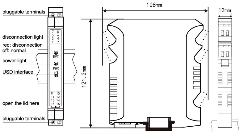 Thermocouple/RTD signal conditioner, Analog Output 4-20mA/0-10mA/0-5V(图1) Thermocouple/RTD signal conditioner dimension