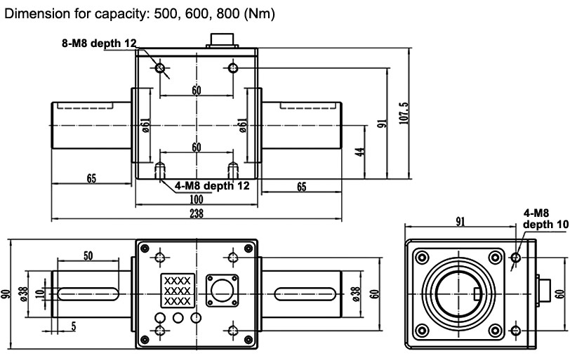 Digital Rotary Torque Sensor, 0.1/5/300/1000 Nm to 10000 Nm(图5) Rotary torque sensor dimension for capacity 500-800 Nm