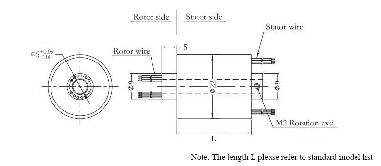 Miniature Through Hole Slip Ring, Inner Diameter 3/5/8mm(图3) CHN-THSR-H0522 (12 Circuits) Through Hole Slip Ring Dimension Drawing