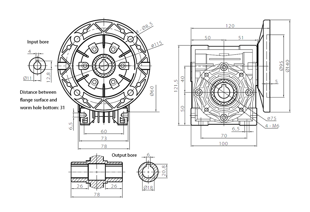 40mm Worm Gearbox, Ratio 5:1 to 100:1, 17 N.m(图1) ATO 40mm worm gear reducer outline dimensional drawing
