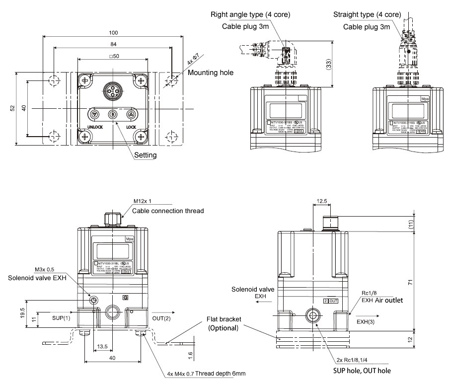 50~1000 mbar 1/8 inch Proportional Pressure Regulator(图1) Dimensions of 50~1000 mbar 1/8 inch Proportional Pressure Regulator with Flat Bracket