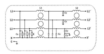10A 3-phase EMI Line Filter, 2 Stage(图4) 10A 3-Phase 4-Wire EMI Power Line Filter Electrical Schematic
