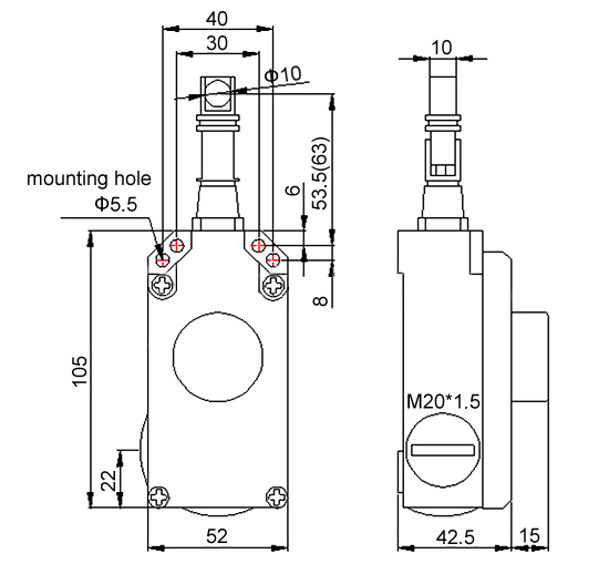 Emergency Stop Rope Pull Switch, 1NO 1NC, 6A/380VAC(图1) 6A/380VAC emergency stop rope pull switch with 1NO 1NC dimension
