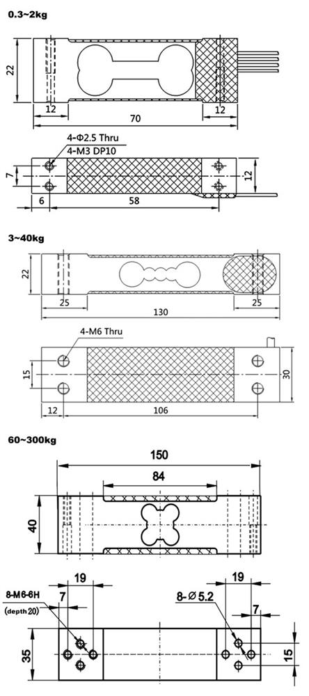 Single Point Load Cell, 300g/1kg/3kg/10kg/60kg/100kg/200kg to 500kg(图1) Single point load cell 300g to 500kg dimensional drawing