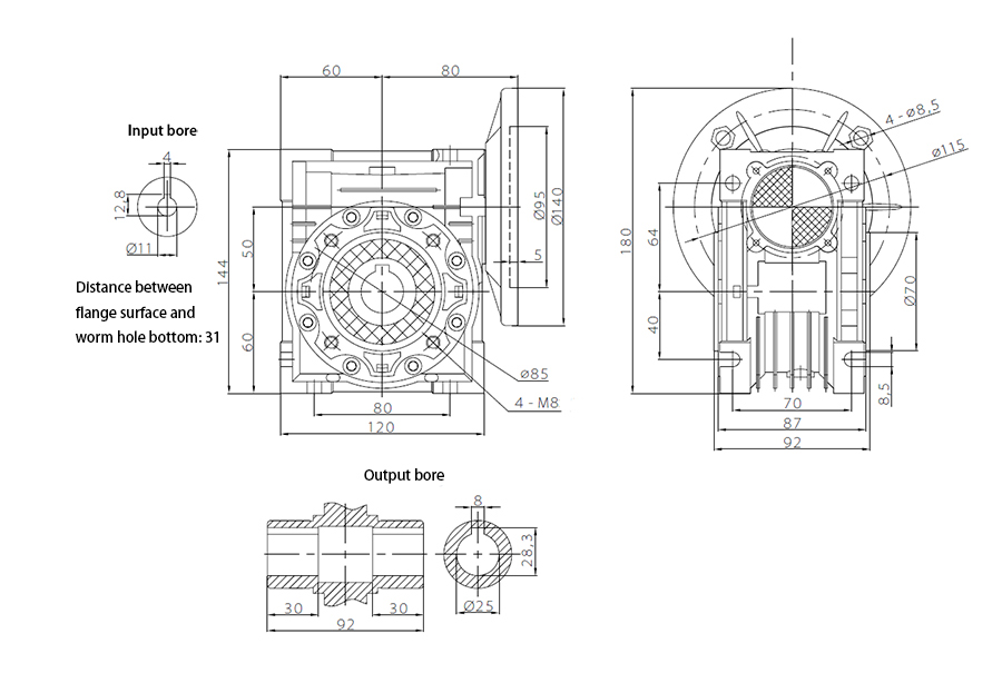 50mm Worm Gearbox, Ratio 5:1 to 100:1, 27 N.m(图1) 50mm worm gear reducer outline dimensional drawing