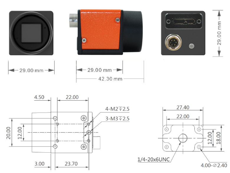 USB 3.0 Industrial Camera, 5.3MP, 1" CMOS, Mono/Color(图1) USB 3.0 Industrial Camera Dimensions