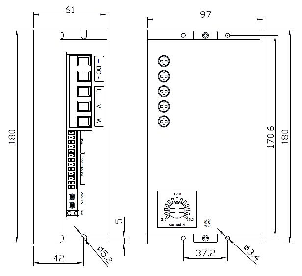 BLDC Motor Controller, 12V ~ 60V(图1) Dimensions of Brushless DC Motor Controller 12V - 60V