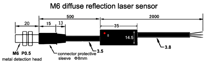 Laser Sensor, Speed/Depth Measurement, M6, Range 250mm/50m(图1) Diffuse reflection laser sensor M6 dimensional drawing