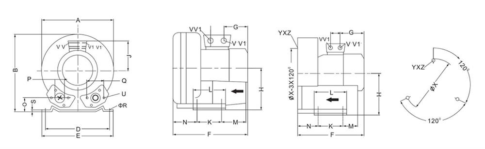 3 Phase 0.7 hp (550W) Regenerative Blower, 380V, 59 cfm(图1) Dimension of ATO 0.7 hp regenerative blower
