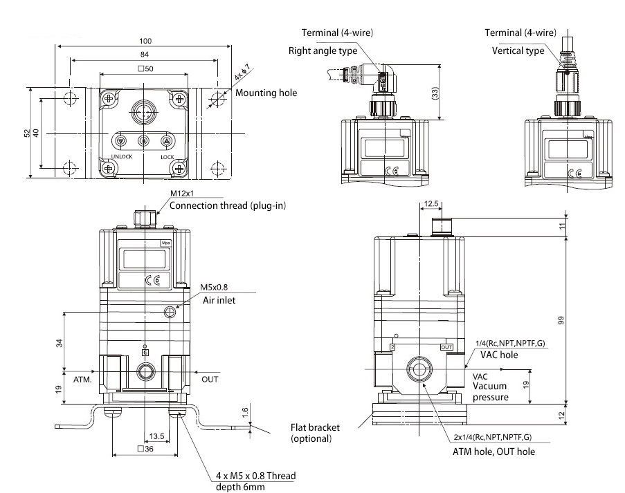 -1.3~80 kPa 1/4 inch Proportional Pressure Regulator(图1) Dimensions of -1.3~80 kPa 1/4 inch Proportional Pressure Regulator with Flat Bracket