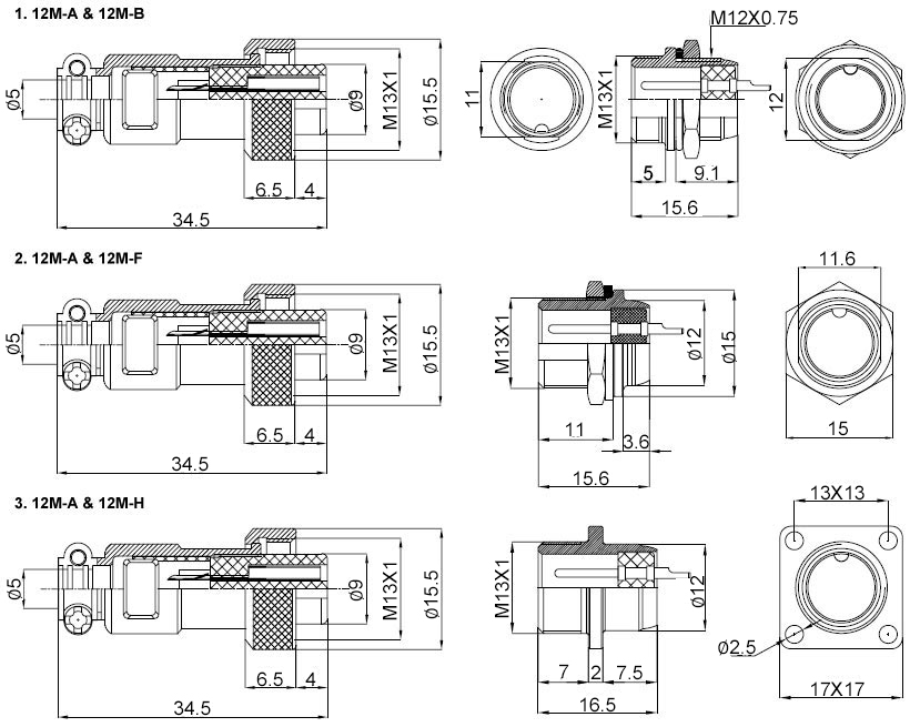 Circular Connector, 2/3/4/5/6 Pin, M13(图2) Circular connector 2 to 6 pin m13 dimensional drawing