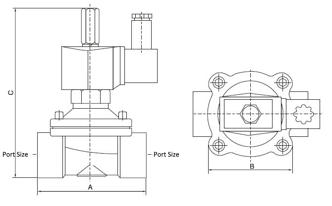 Solenoid Valve, 2 Way, Normally Open, 24V/220V for air water oil(图1) 2-Way Normally Open Solenoid Valve Dimensions