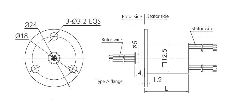 12.5mm Miniature Slip Ring, 2/4 Wires 5A, 6/12/18 Wires 2A(图1) 12.5mm Miniature Slip Ring (Type A Flange) Dimension Drawing