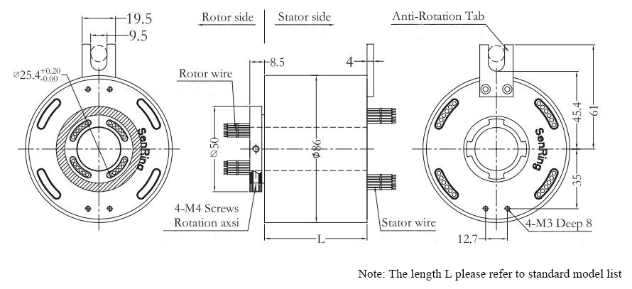 Through Bore Slip Ring, 25.4/38.1/40/50/60/80 mm Hole Diameter(图1) CHN-THSR-H2586 Through Bore Slip Ring Dimension Drawing
