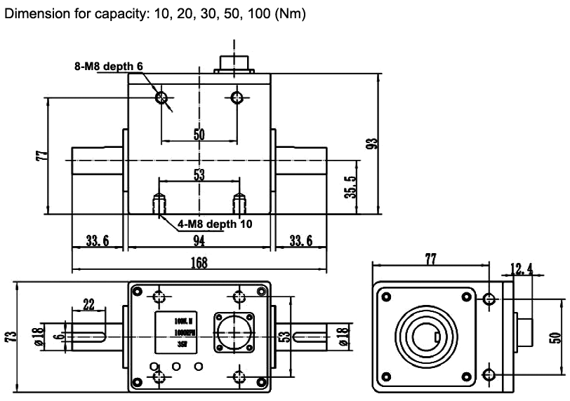 Digital Rotary Torque Sensor, 0.1/5/300/1000 Nm to 10000 Nm(图3) Rotary torque sensor dimension for capacity 10-100 Nm
