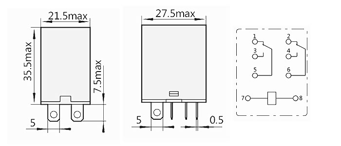 Electromagnetic Relay, 8-pin DPDT, 12V/24V/110V/220V(图1) JQX-13F-2Z Electromangetic Relay Dimensions and Connection Diagram