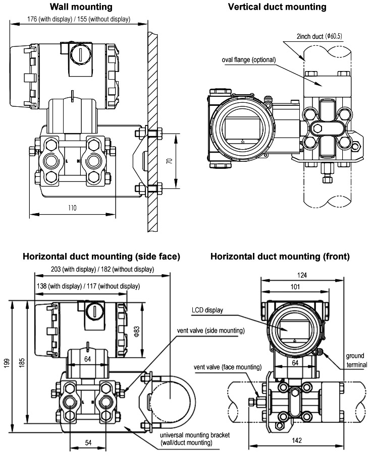 Differential Pressure Transducer, Output 4-20mA HART(图1) Differential pressure transducer mounting diagram
